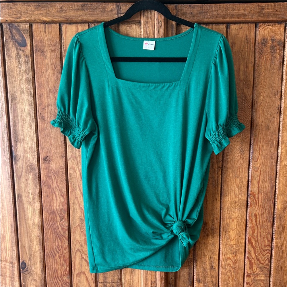 Emerald Green Square Neck Top With Puffy Sleeves. Large